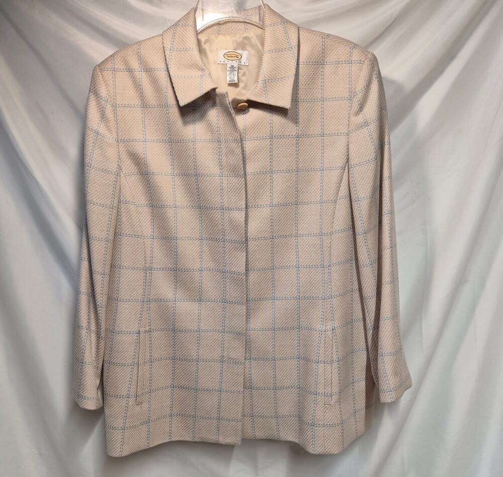 Talbots Cream Blue Check Silk Wool Blazer Women's 16 Made in USA Classic Luxury